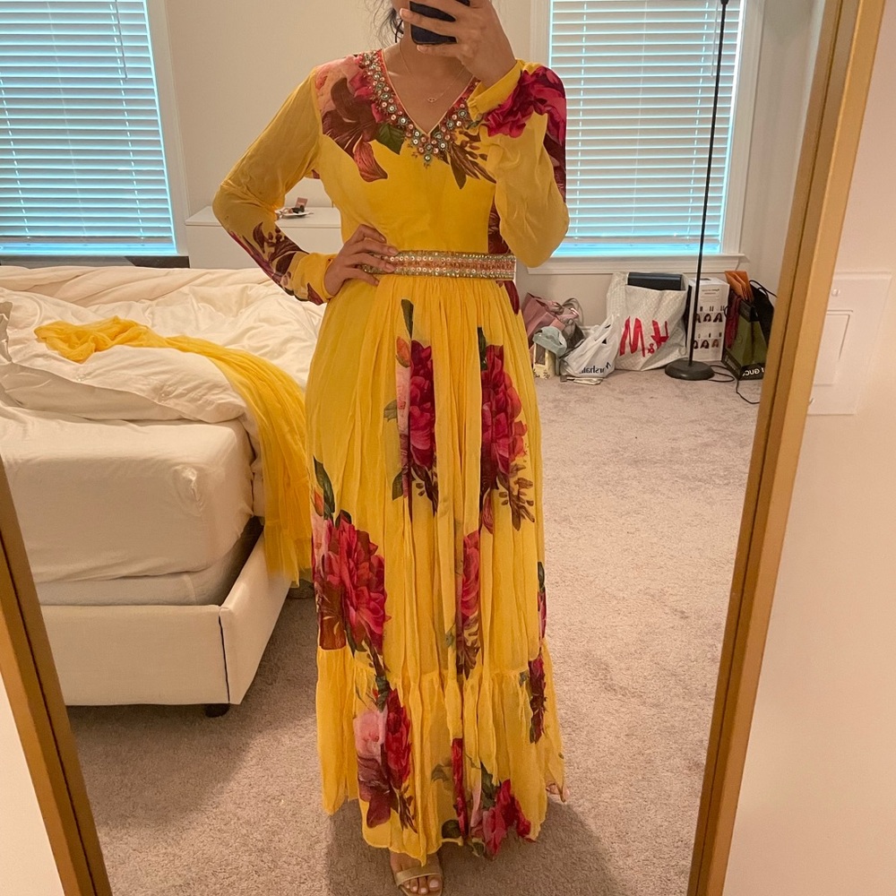 Yellow floral print floor length anarkali